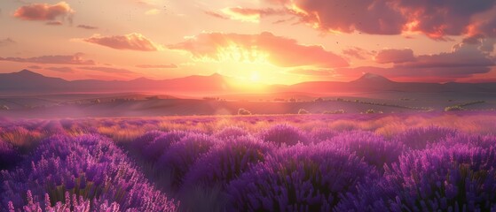 Wall Mural - Sunset Over Lavender Fields