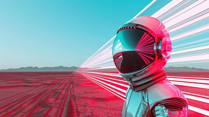 Futuristic astronaut in reflective helmet standing on alien desert with neon light beams and mountain range in the background.