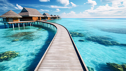 Wall Mural - A beach with a wooden walkway leading to a row of small houses.