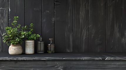 Wall Mural - Black walls decorated with bright green plants in decorative pots.