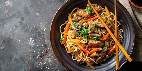 Sticker - Slow-Cooked Pork Spare Noodles with Shiitake Mushrooms and Vegetables An Aerial View. Concept Slow-Cooked Pork Recipe, Asian Noodles, Shiitake Mushrooms, Vegetables, Aerial Photography