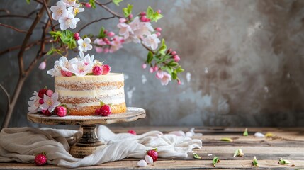 Wall Mural -  cake decorated with spring and edible flowers and berries on on the table,Beautiful cake decorated with flowers and green leaves,Beautiful cake decorated with flowers and green leaves