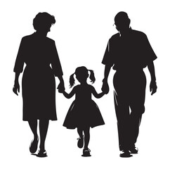 Wall Mural - grandparents walking with granddaughter Silhouette vector Illustration. 