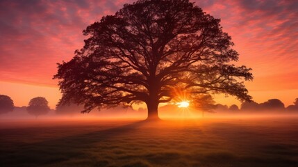 Wall Mural - sunrise behind a large tree 
