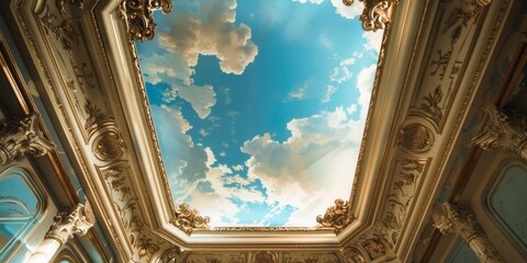 Wall Mural - Baroque Frame Ceiling Mural with Dramatic Blue Sky Depicting Paradise, Symbolizing Faith, Hope, and Light, Perfect for Christmas and New Year Celebrations, AI-Generated High-Resolution Wallpaper