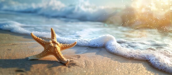 Wall Mural - Starfish on sandy beach under sunlight with wave backdrop.