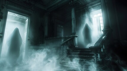 Poster - Enigmatic Spirits Materializing from Mist in Abandoned Victorian Manor with Atmospheric Lighting