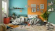 © artfulserenity8 - A vibrant, colorful bedroom is divided into two contrasting halves, each showcasing a different design style.
