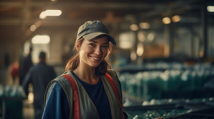 Young happy female worker in bottling factory recycling