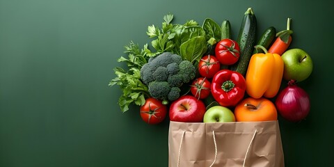Wall Mural - Vibrant Fruits and Vegetables in Brown Paper Bag on Green Background. Concept Food Photography, Fresh Produce, Sustainable Packaging, Earthy Tones, Vibrant Colors