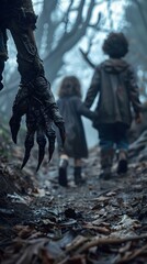 Poster - Unsettling Cinematic Close-Up of Witch Claw and Scruffy Medieval Children in Eerie Dark Forest