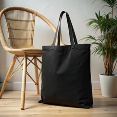 Wall Mural - blank black cotton canvas tote bag Generative ai