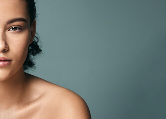 Wall Mural - woman, beauty and portrait with facial, acne and skincare with pimple and cosmetics. studio, skin tr