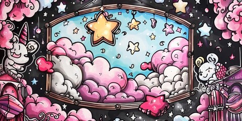 Wall Mural - Paradise ceiling mural with cosmic stars and baroque frame, scientific research, natural subjects illustration, book illustration, artistry, aesthetics, decorative painting, symbol of human faith, fai