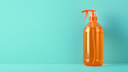 Sticker - Liquid soap bottle in orange color with plastic dispenser on blue background for copy space banner template