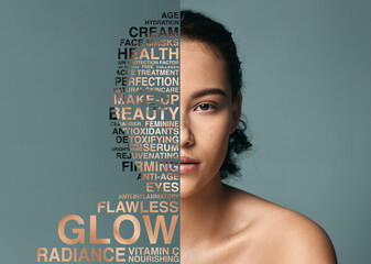 Wall Mural - woman, beauty words and portrait with skin wellness text with skincare and cosmetics. studio, makeup