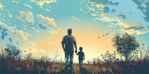 Canvas Print - Man and Child Walking Through Field