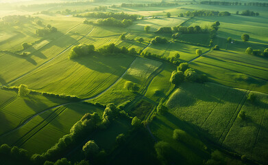 Aerial view of lush green fields divided by hedgerows in a rural landscape.