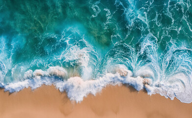 Poster - An aerial view of ocean waves crashing onto a sandy beach.