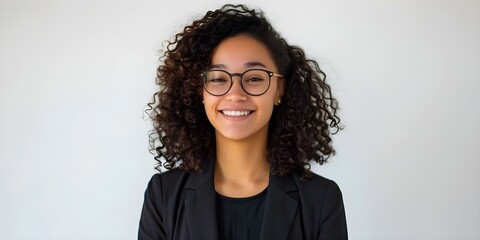 Poster - Portrait of a Smiling Young Woman with Curly Hair and Glasses on White Background. Concept Portrait Photography, Smiling Young Woman, Curly Hair, Glasses, White Background