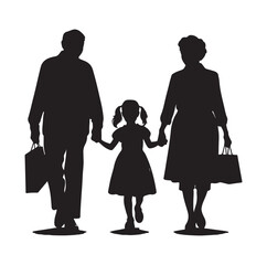 Wall Mural -  grandparents walking with granddaughter Silhouette vector Illustration. 