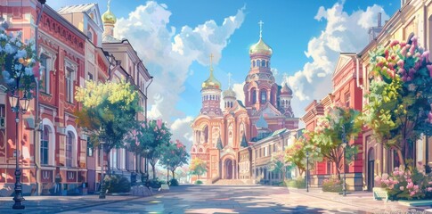 Colorful Cityscape Illustration with Church