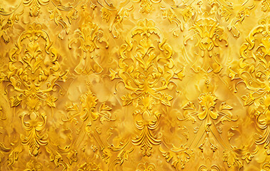 Wall Mural - Yellow damask pattern, vintage yellow wallpaper background with an intricate floral and leaf design. Grainy texture, retro color, digital painting