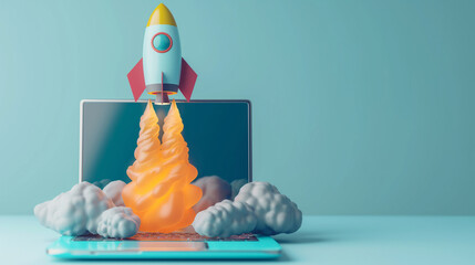 A rocket ship launching from a laptop screen surrounded by clouds in a blue background.