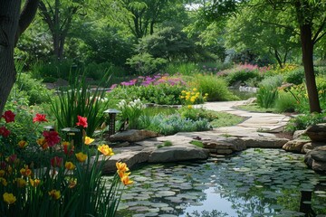 Wall Mural - A tranquil garden oasis with blooming flowers, winding pathways, and a peaceful pond, inviting relaxation and contemplation