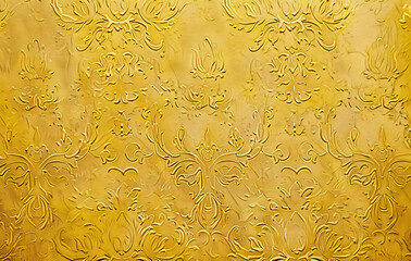 Poster - Yellow damask pattern, vintage yellow wallpaper background with an intricate floral and leaf design. Grainy texture, retro color, digital painting