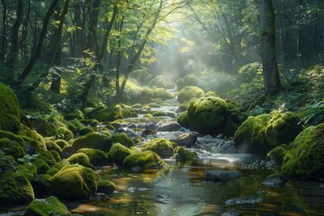 Wall Mural - A tranquil forest stream meandering through a verdant forest, with sunlight filtering through the canopy and illuminating the moss-covered rocks