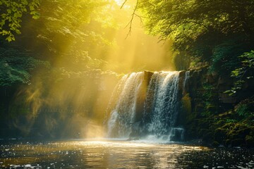 A picturesque waterfall hidden deep in the forest, with sunlight filtering through the trees and casting a golden glow on the cascading water