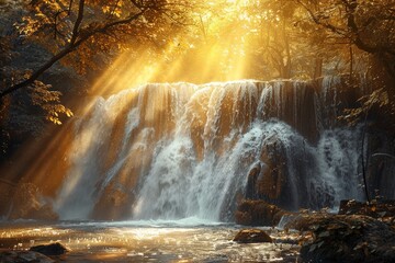 Wall Mural - A picturesque waterfall hidden deep in the forest, with sunlight filtering through the trees and casting a golden glow on the cascading water