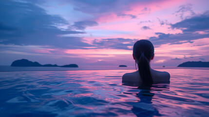 A woman with a ponytail enjoying an infinity pool at sunset, facing a serene ocean and distant islands, enveloped in a peaceful moment of solitude and reflection.