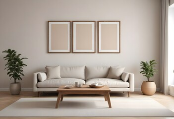 Mockup poster frame on the wall of the living room. Luxurious apartment background with contemporary design. Modern interior design. 3D render