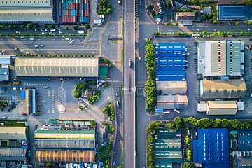 Aerial perspective of a highway passing through industrial district, with factories, warehouses, and shipping containers lining the roadside