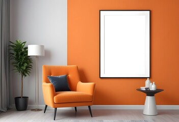 Mockup poster frame on the wall of the living room. Luxurious apartment background with contemporary design. Modern interior design. 3D render