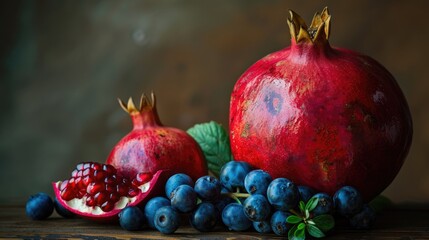 Wall Mural - Fresh berries and pomegranate displayed on a wooden surface