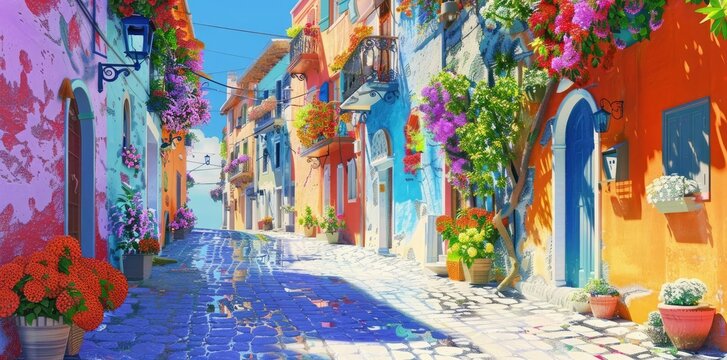 Colorful Italian Village Street Illustration