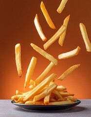 fresh French fried being dropped as land in heap of fries with orange background