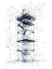 Wall Mural - Minimalist Infographic Blueprint of Structural Tower Building Component Manufacturer s Designs