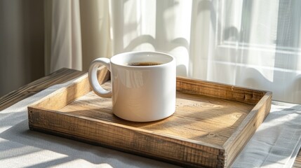 Coffee in white mug on wooden tray with empty space for cover design