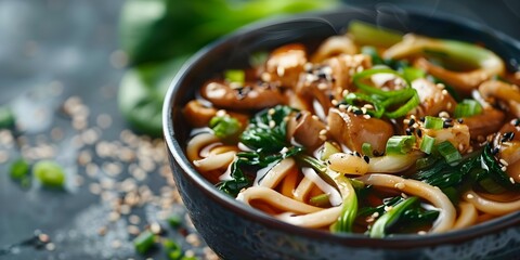 Wall Mural - Asian Vegetarian Udon Noodles with Baby Bok Choy and Shiitake Mushrooms A Detailed View. Concept Asian Cuisine, Vegetarian Recipes, Udon Noodles, Baby Bok Choy, Shiitake Mushrooms
