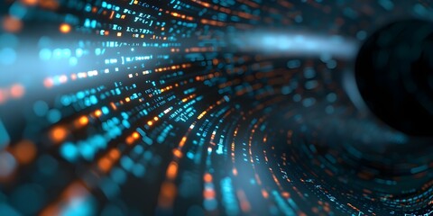 Binary Code Creates a Vortex of Data Flow in a Complex Network. Concept Technology, Data Analysis, Network Architecture, Information Flow, Binary Code