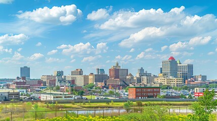 The skyline of Downtown Newark, New Jersey, presents a dynamic and evolving urban landscape. Tall skyscrapers and historic buildings rise against the backdrop of a clear blue sky