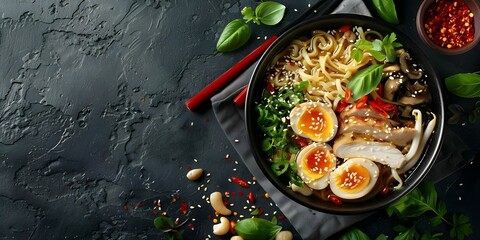 Wall Mural - Chicken Shiitake Ramen Overhead Shot with Toppings on Concrete Background. Concept Food Photography, Ramen Presentation, Overhead Shot, Food Styling, Concrete Background