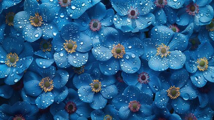 Wall Mural -   A picture of several blue flowers with water droplets on their petals, surrounded by a green stem