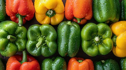 Wall Mural -  A variety of green and yellow peppers with droplets of water on both their tops and bottoms The peppers range in color from red to green to