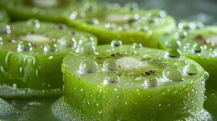 Wall Mural -   A close-up photo of a cut kiwi fruit with droplets of water on top