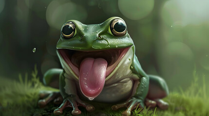 a green frog with an open mouth and pink tongue sits on green grass, its black eye visible in the foreground